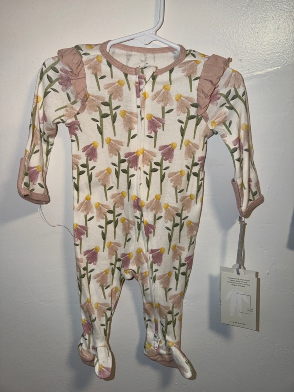 cloud island Floral Ruffle Footed One-Piece - Pink & Green